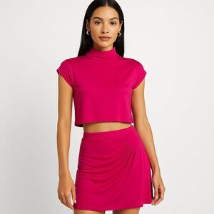 House of Harlow Pink Crop Top & Mini Skirt Set XS Mock Neck Felix
